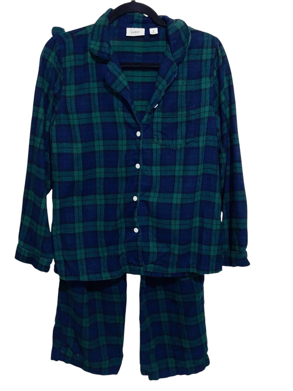 LL Bean Pjs Women Medium Petite Flannel Pajama Set Blackwatch Green Blue Plaid